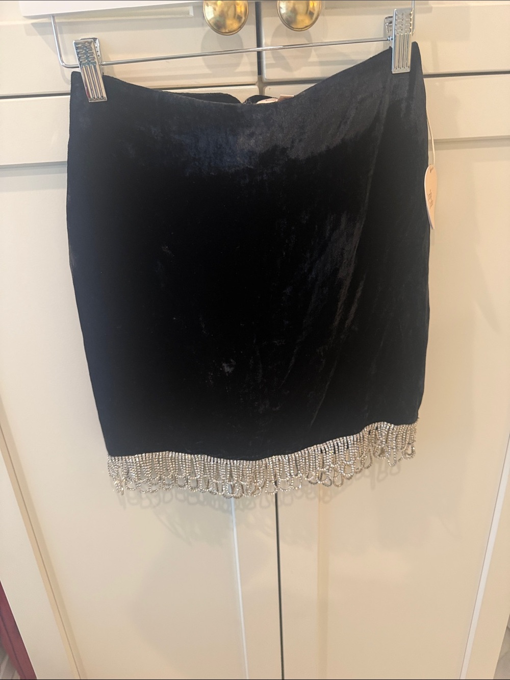 Camila Coelho Black Velvet Mini Skirt with Rhinestone Fringe